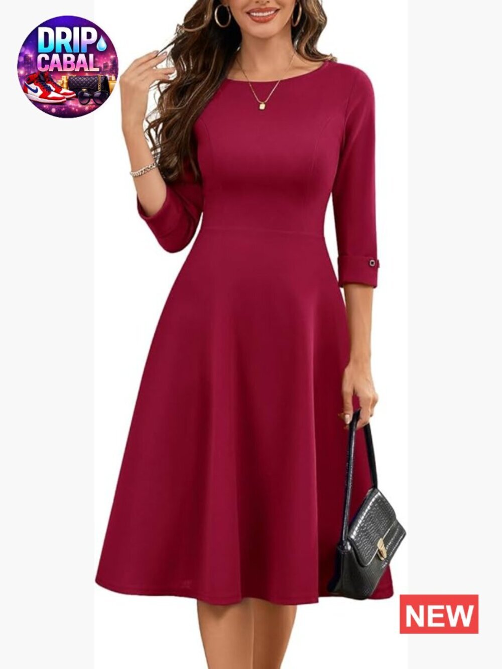 Fit and Flare Midi Dress with 3/4 Sleeves and Pockets